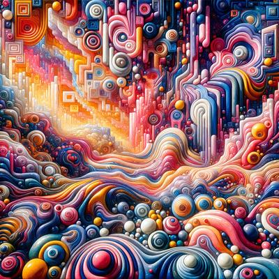 The primary subject of the image is a vibrant and colorful painting featuring a variety of shapes, patterns, and designs. The setting is a surreal landscape with a mix of abstract and geometric elements. The visual style is a combination of digital art and illustration, creating a unique and captivating artwork. The dominant colors in the painting are pink, orange, and yellow, giving the piece a lively and cheerful atmosphere.